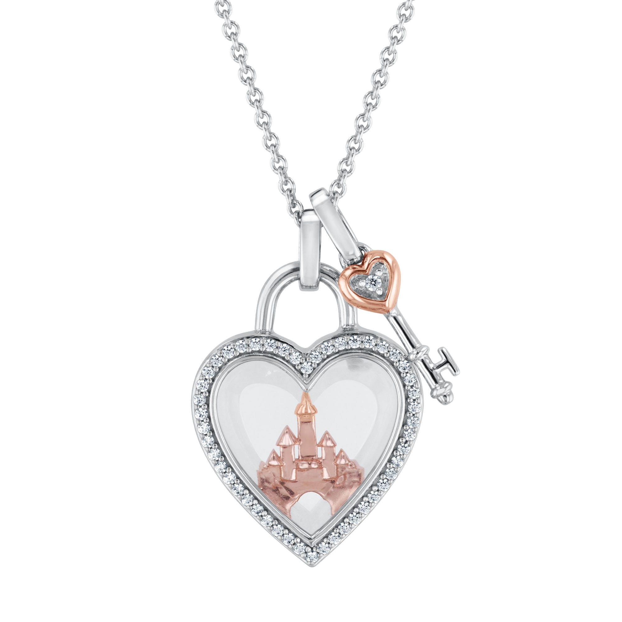Enchanted Disney  Fine Jewelry White Topaz and 1/6ctw Diamond Heart and Key Pendant Necklace | 100th Anniversary Special Edition
