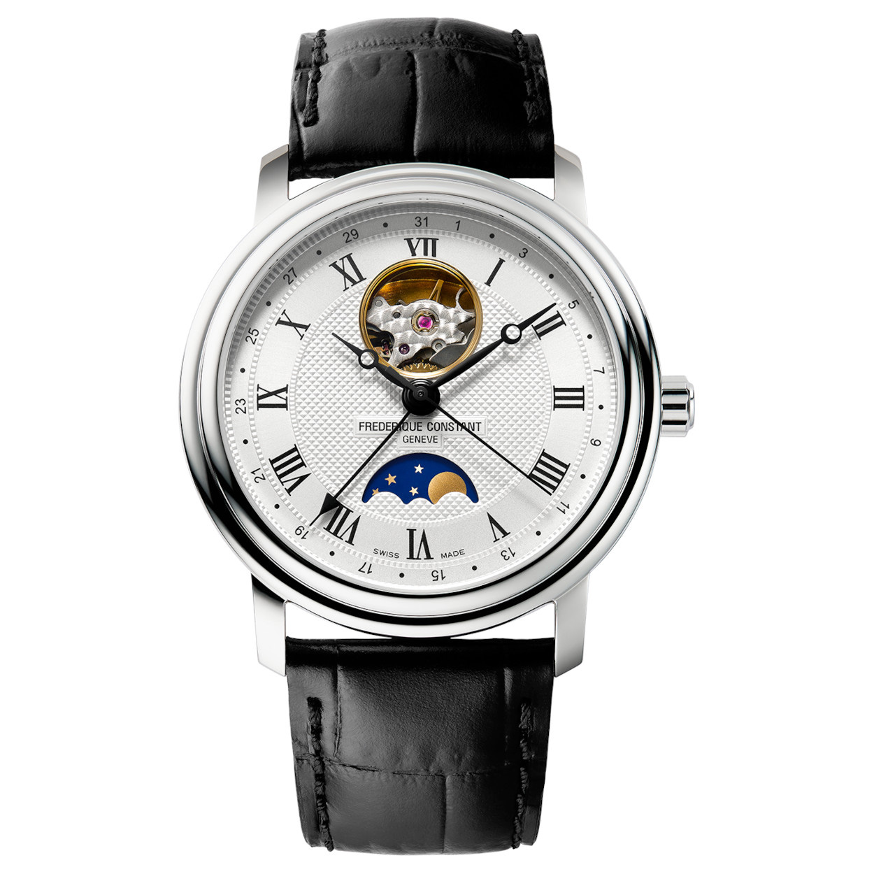 Classics Heart Beat Moonphase Date Silver Dial Black Leather Strap Watch 40mm - Frederique Constant FC-335MC4P6