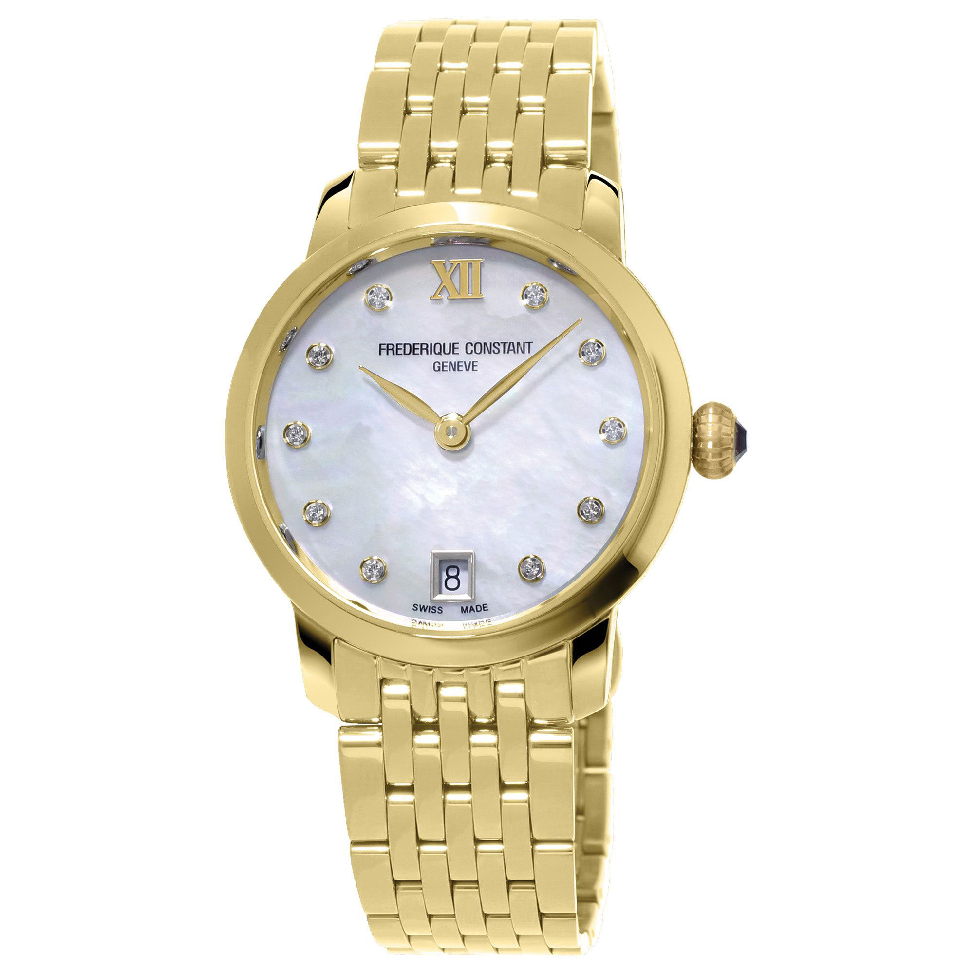 Frederique Constant  Slimline Diamond Accent White Mother-of Pearl Dial Yellow Gold Tone Stainless Steel Bracelet Watch 30mm - FC-220MPWD1S25B