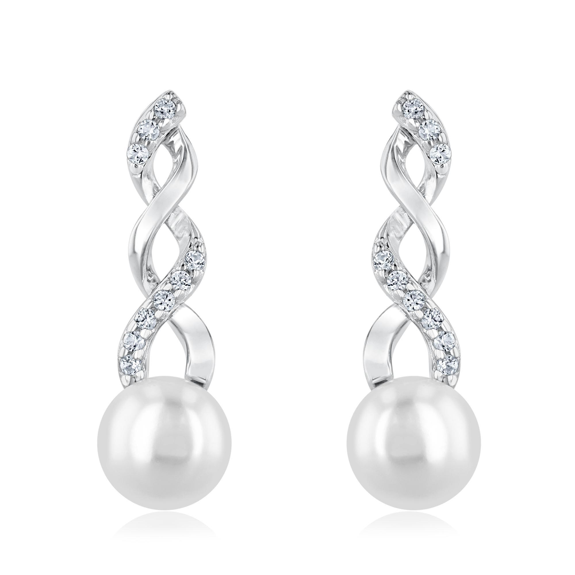 Freshwater Cultured Pearl and Created White Sapphire Sterling Silver Earrings