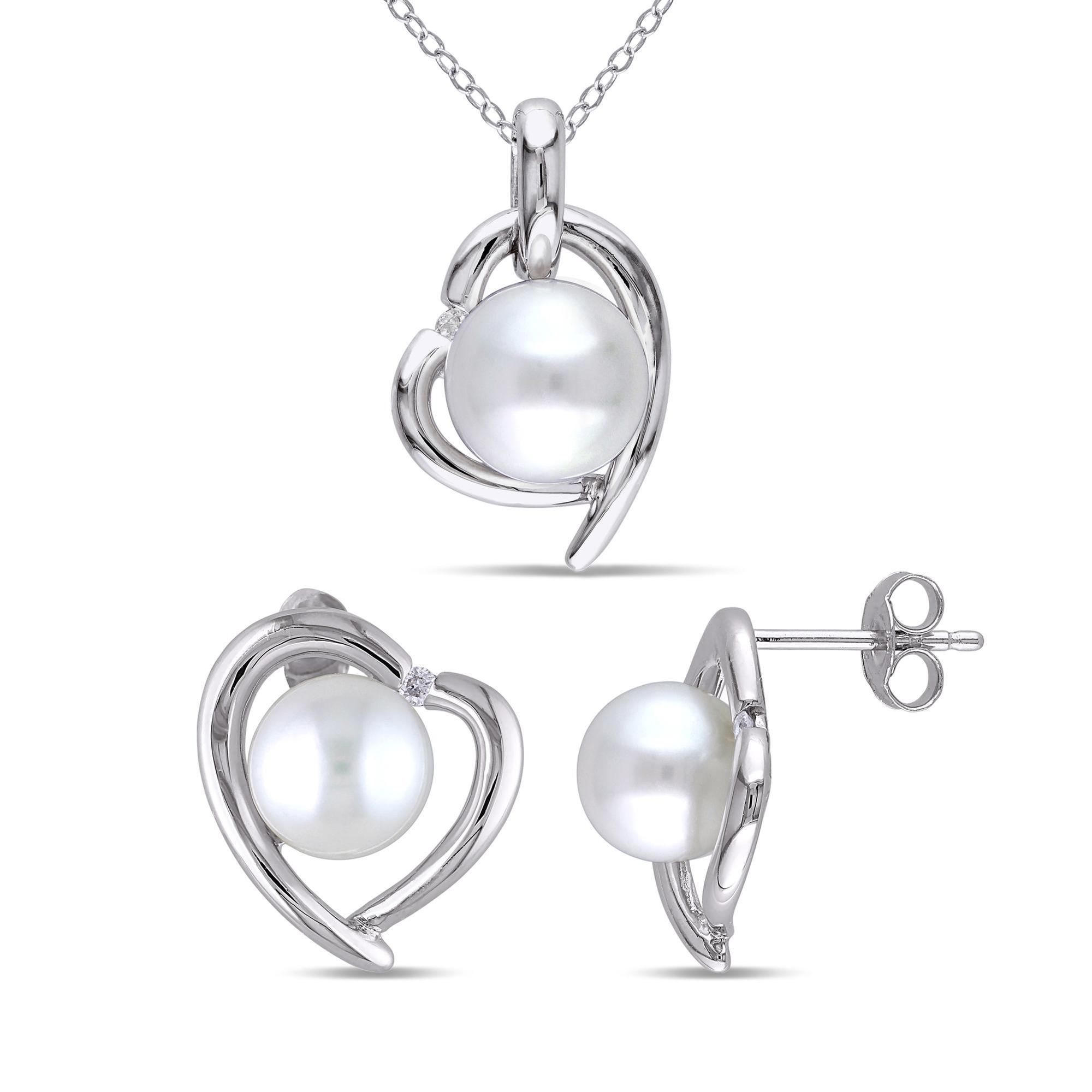 Freshwater Cultured Pearl and Diamond Heart Earrings and Pendant 