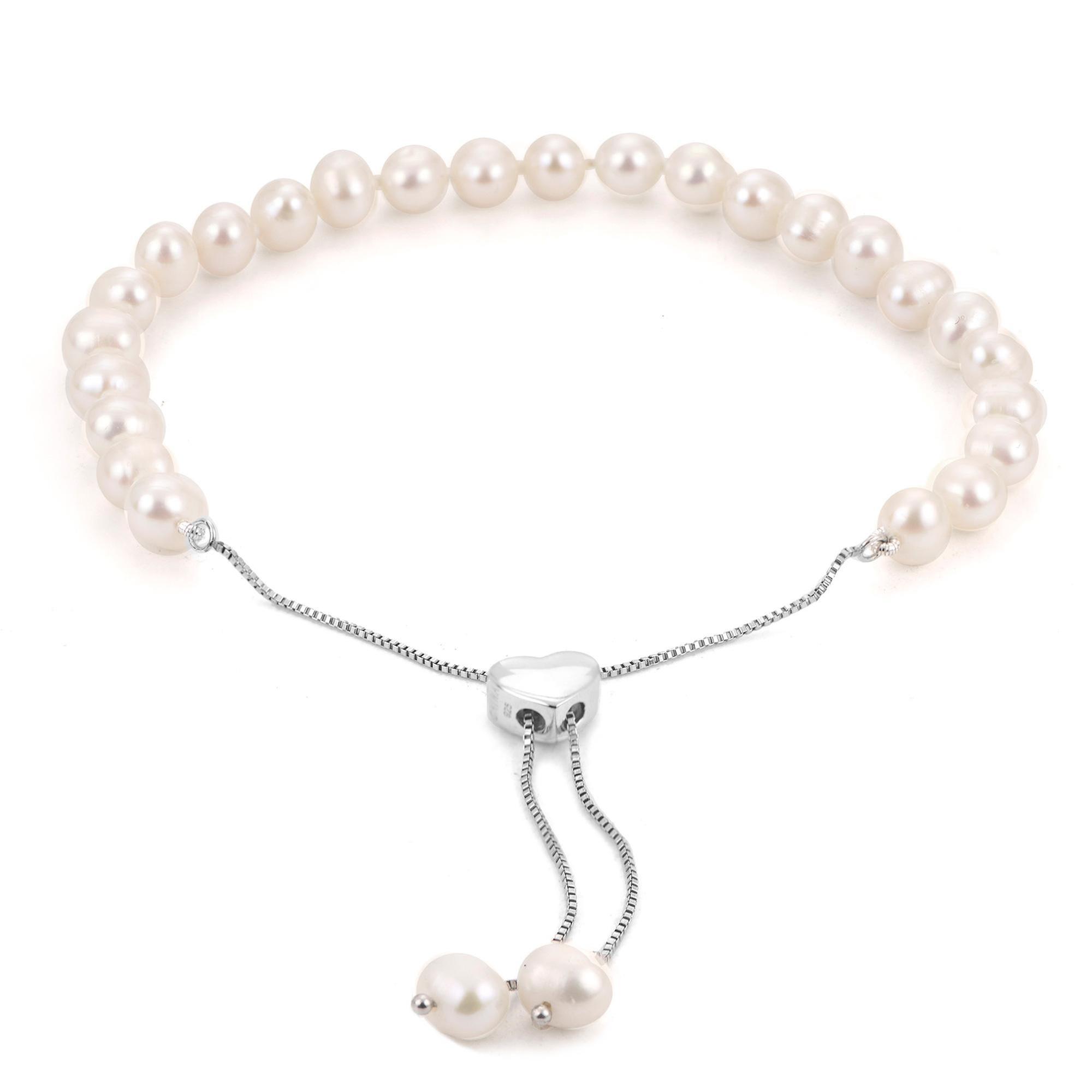 Freshwater Cultured Pearl Heart Clasp Adjustable Bolo Bracelet