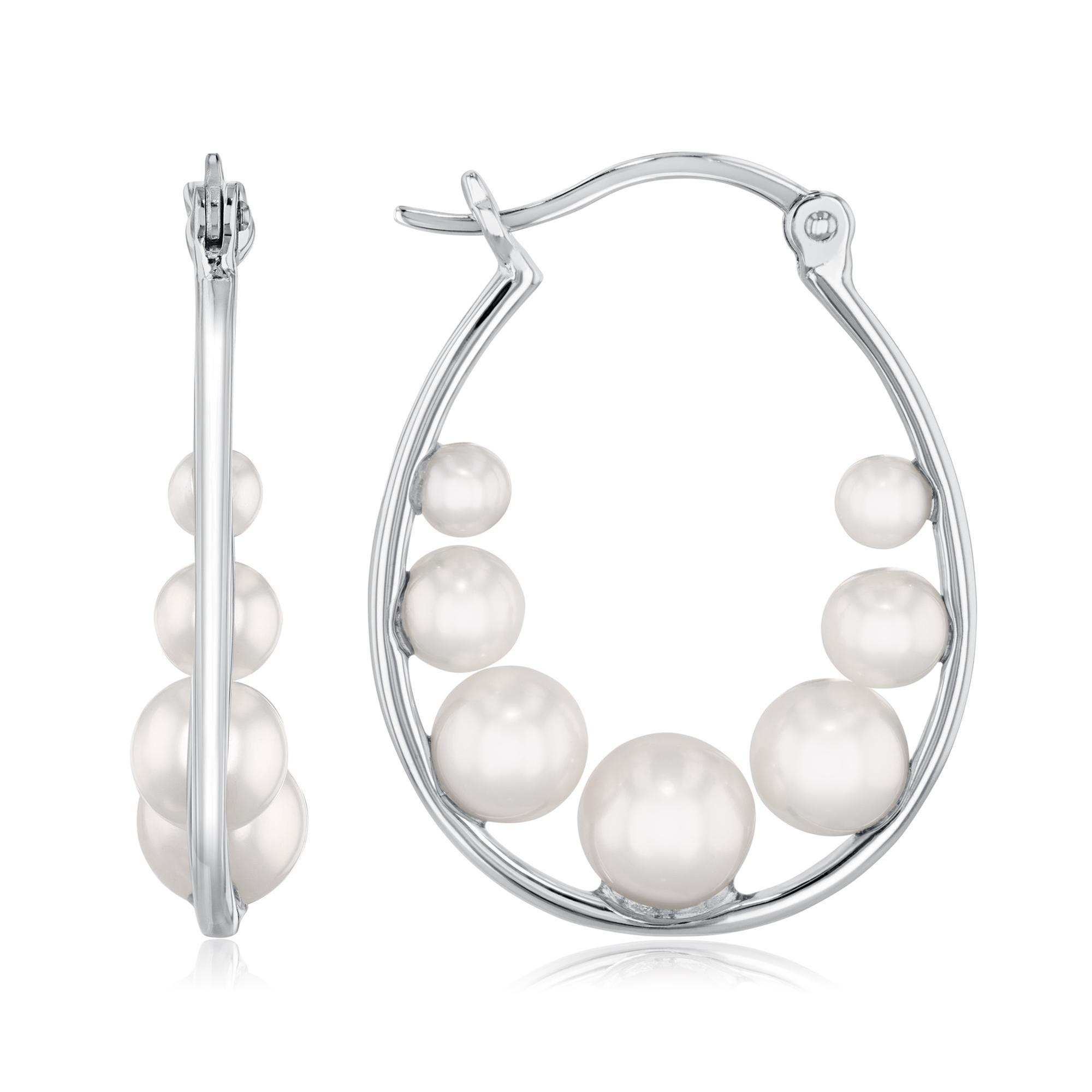 Freshwater Cultured Pearl Sterling Silver Oval Hoop Earrings | 26