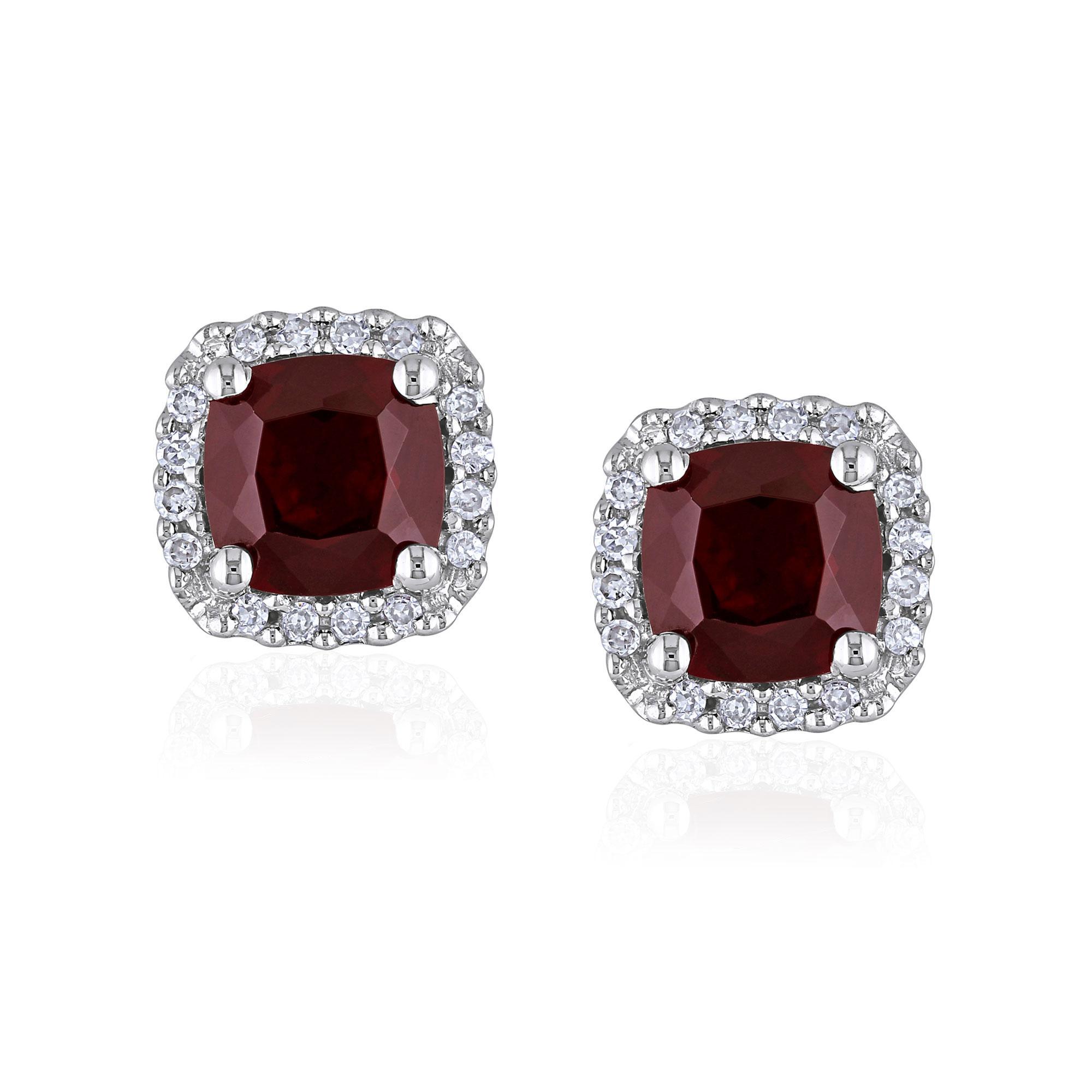 Garnet Diamond Halo White Gold Earrings 1/10ctw