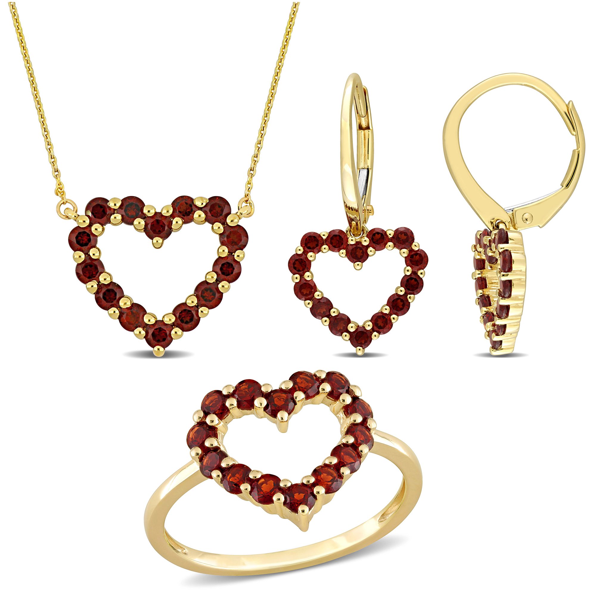 Garnet Heart Yellow Gold Earrings, Necklace, and Ring Gift Set - Size 8