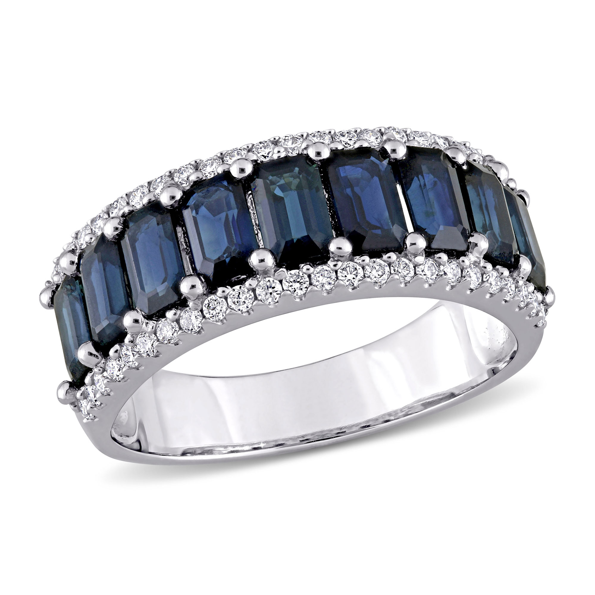 Genuine Blue Sapphire and 1/4ctw Diamond White Gold Anniversary Ring - Size 6