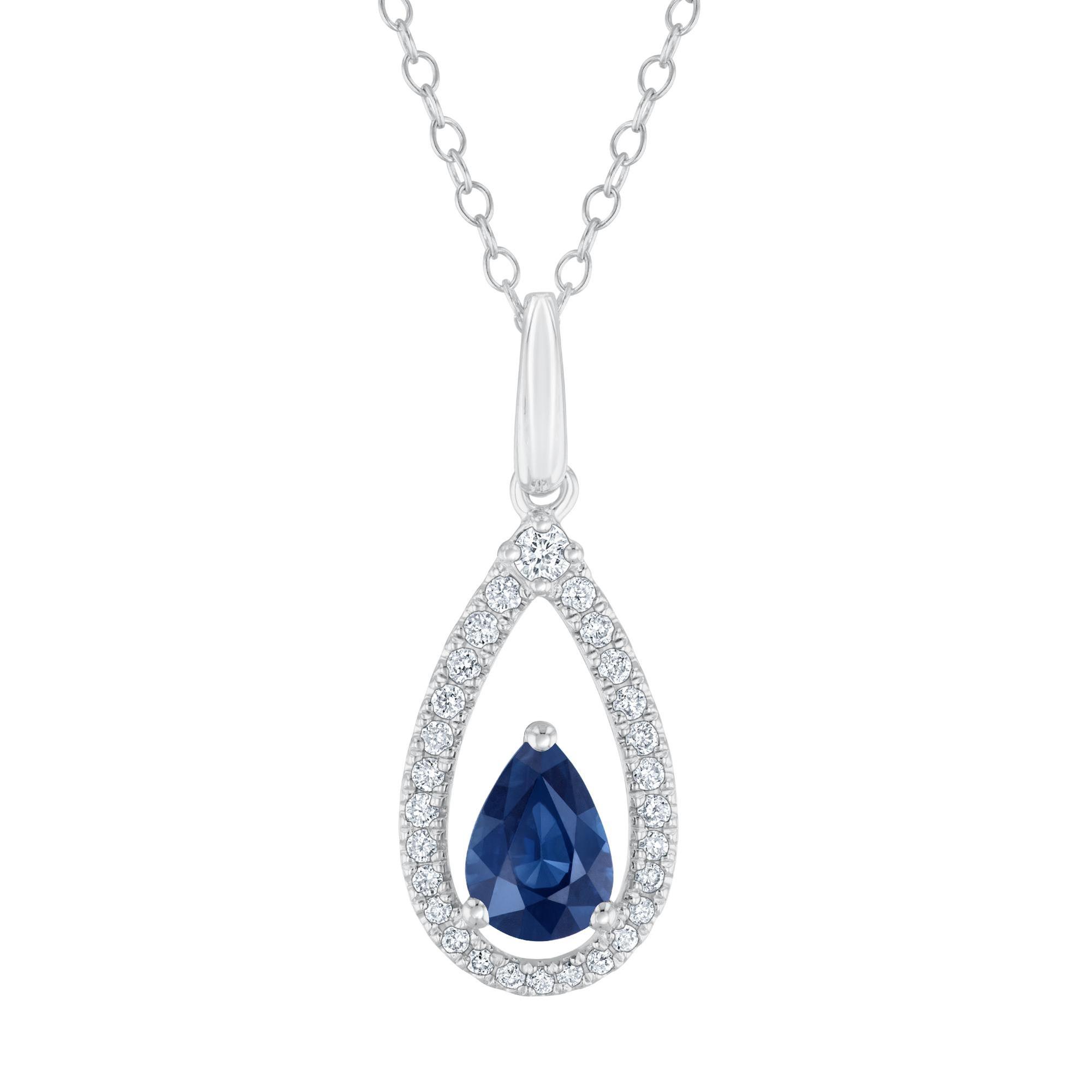 Genuine Blue Sapphire and Diamond Pear Drop Pendant Necklace 1/5ctw