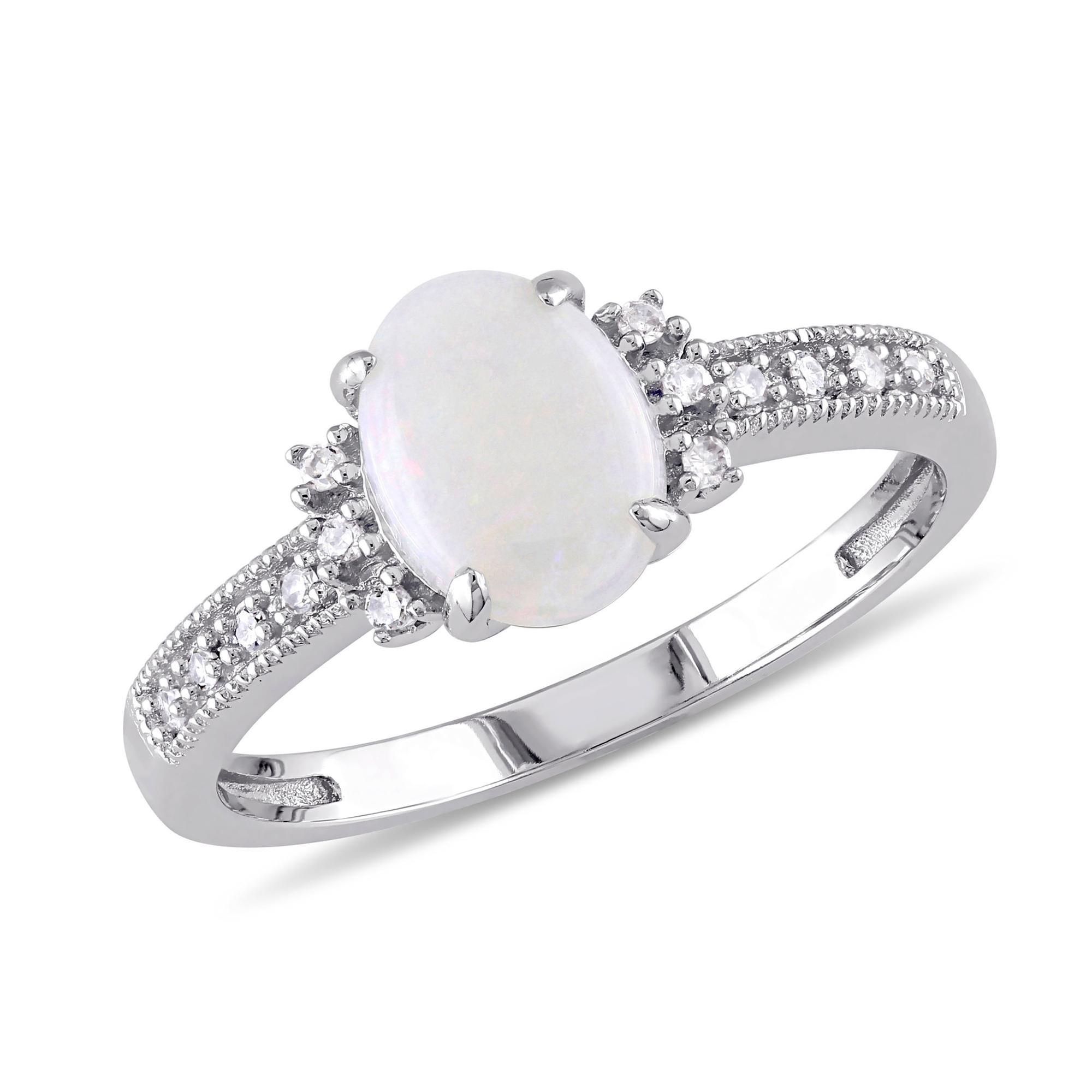 Genuine Opal and Diamond Ring in White Gold 1/20ctw- Size 8