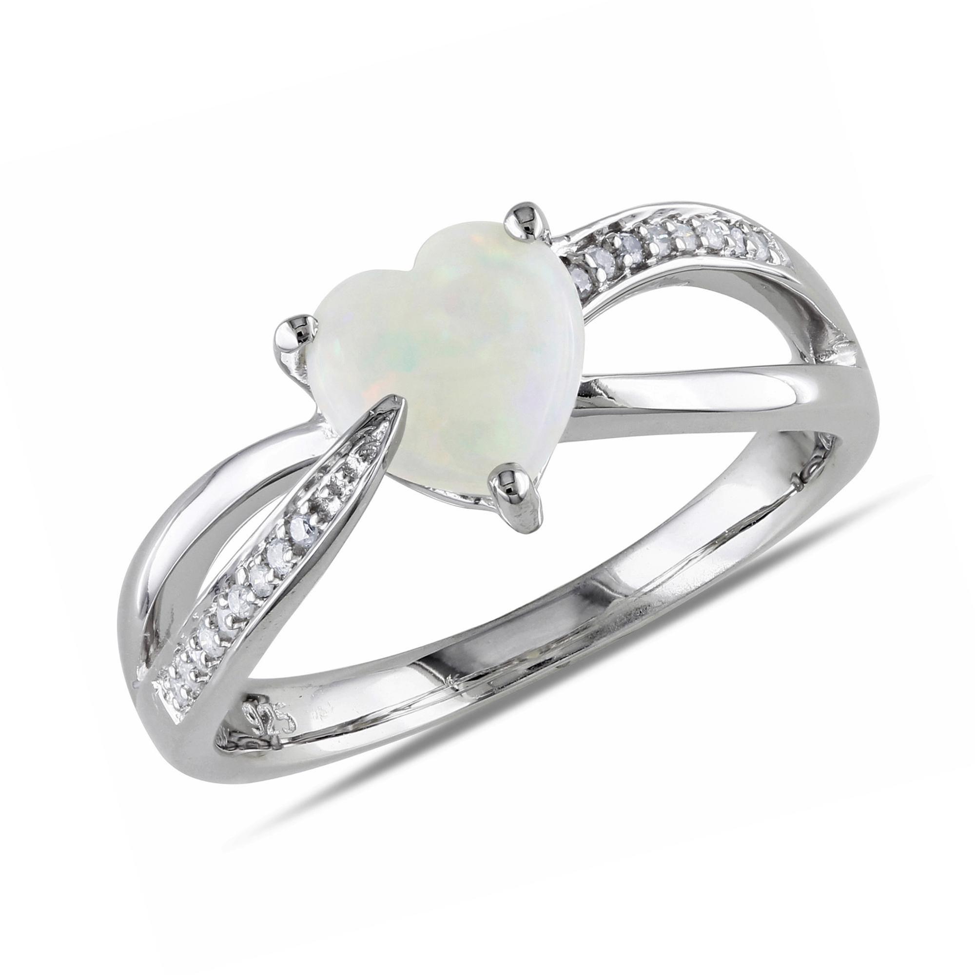 Genuine Opal Heart and Diamond Crossover Ring in Sterling Silver 1/20ctw- Size 5