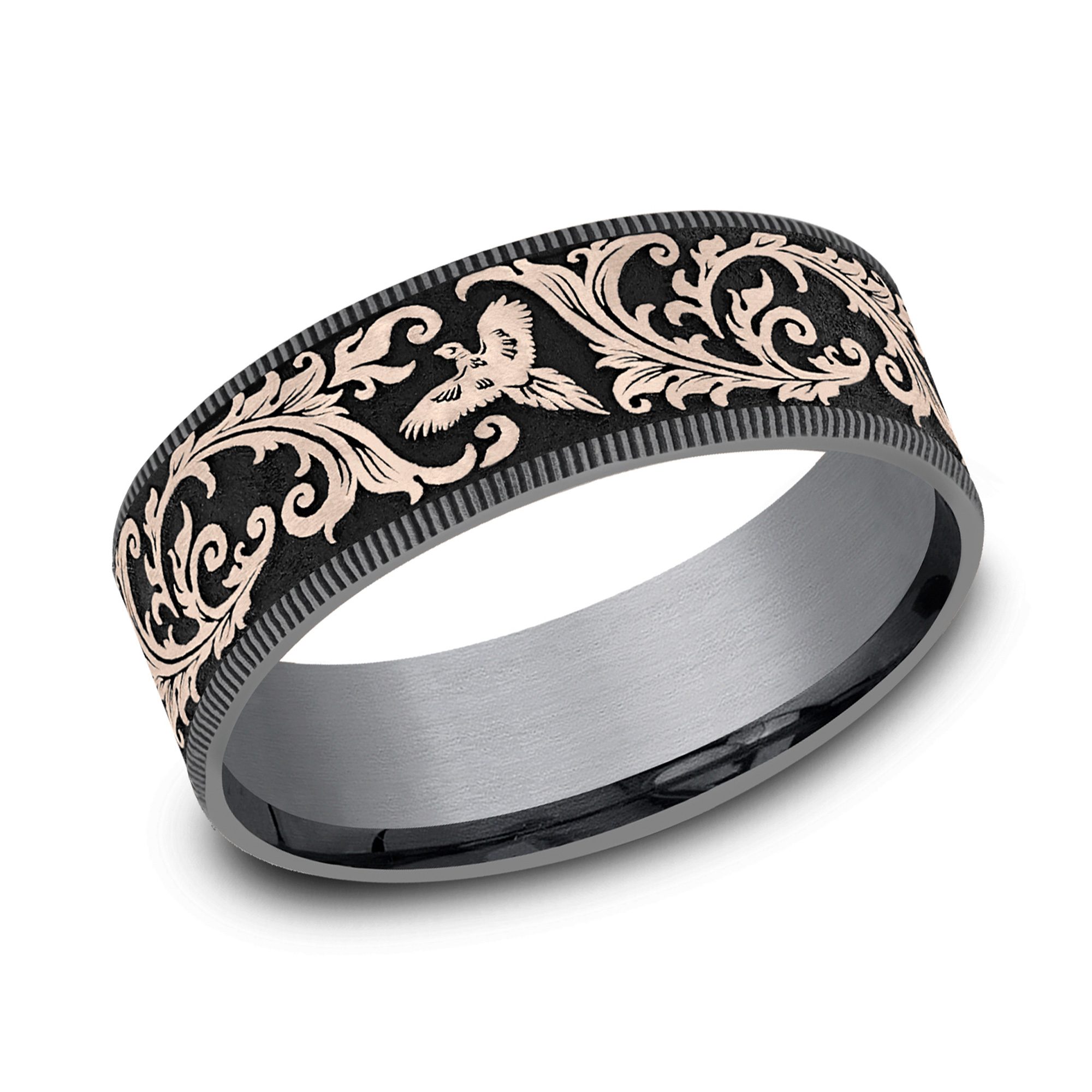 REEDS Mens Grey Tantalum And 14K Rose Gold 75Mm Pheasant Scroll Comfort Fit Wedding Band - Size 125 2800$