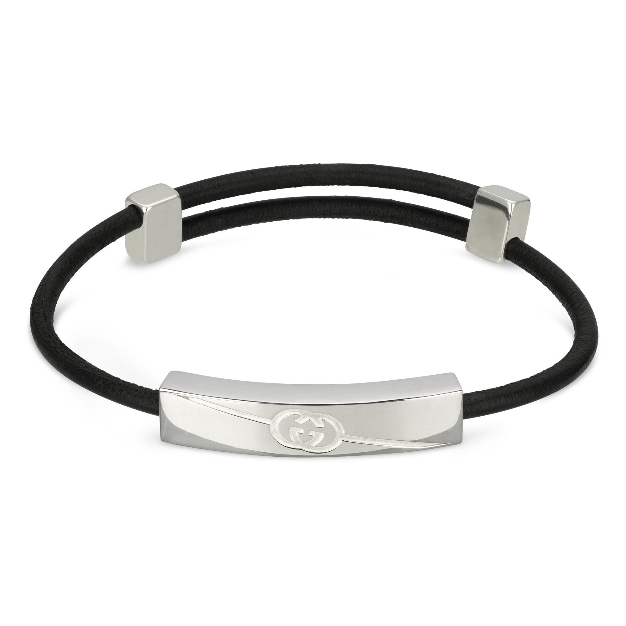 Gucci Diagonal Interlocking G ID Black Leather Bracelet