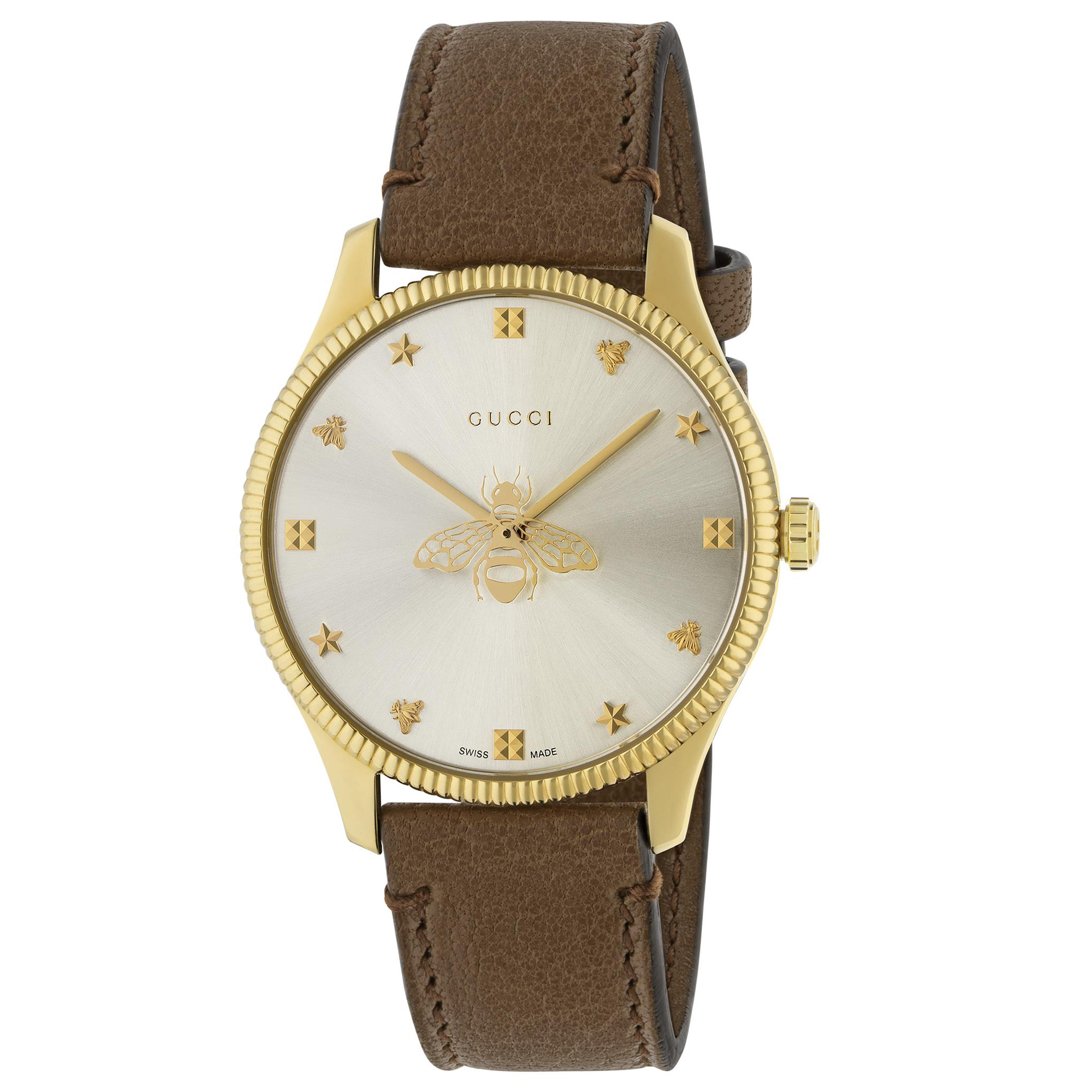 G-Timeless Bee Silver-Tone Dial Brown Leather Strap Watch | 36mm | - Gucci YA1264199