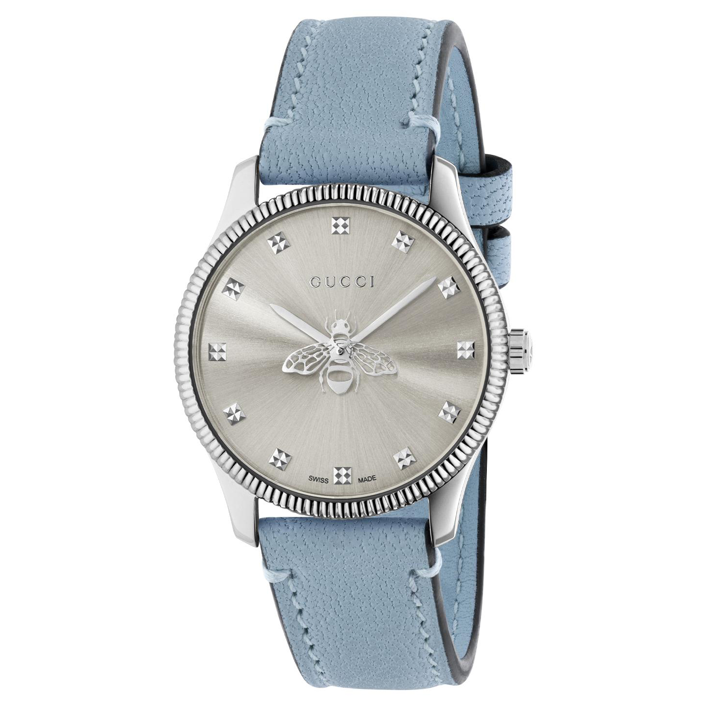G-Timeless Bee Silver-Tone Dial Light Blue Leather Strap Watch | 29mm | - Gucci YA1265039