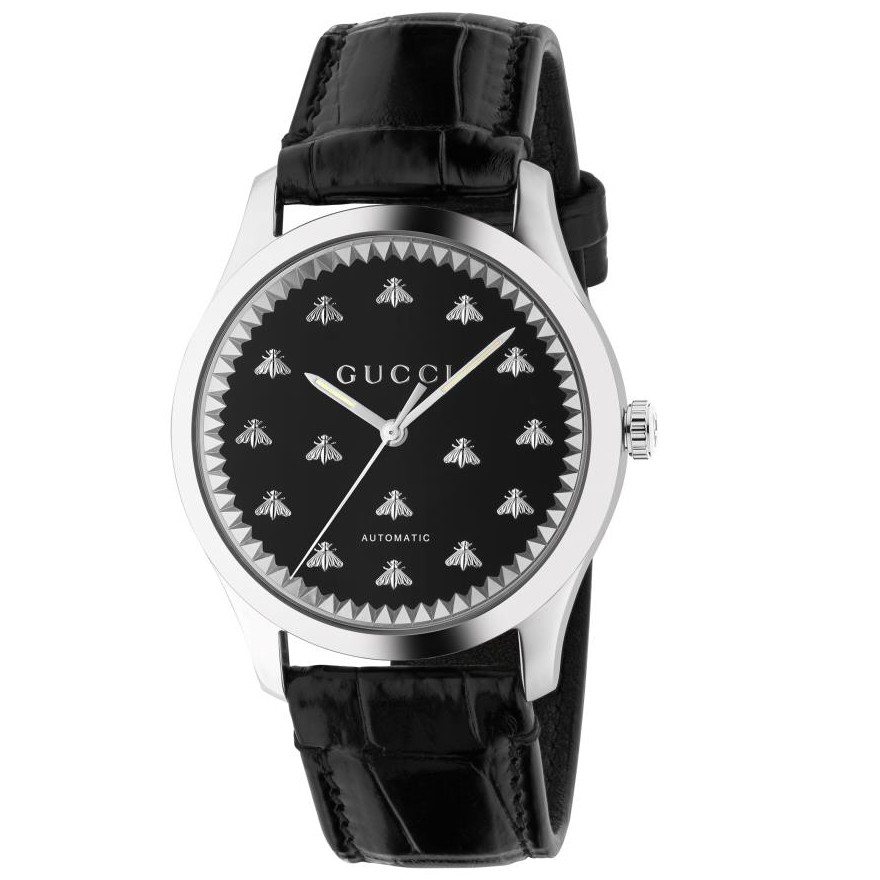 G-Timeless Multi Bee Black Onyx Stone Dial Black Leather Strap Watch | 42mm | - Gucci YA126380