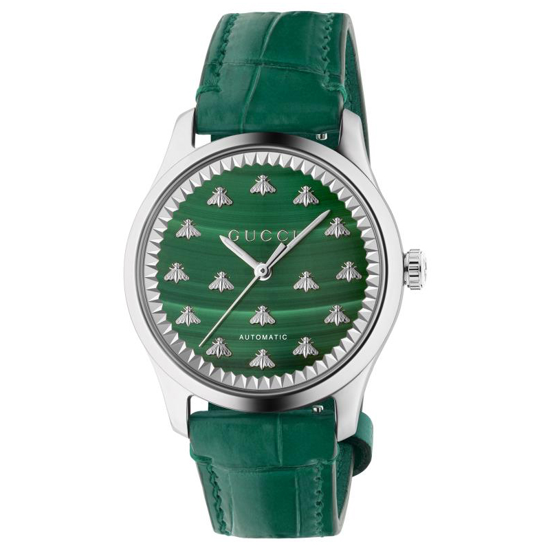 G-Timeless Multi Bee Green Malachite Stone Dial Green Leather Strap Watch | 38mm | - Gucci YA1264213