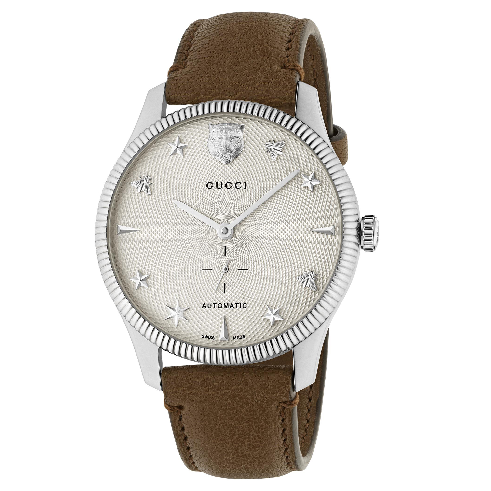 G-Timeless White Dial Brown Leather Strap Automatic Watch | 40mm | - Gucci YA126361