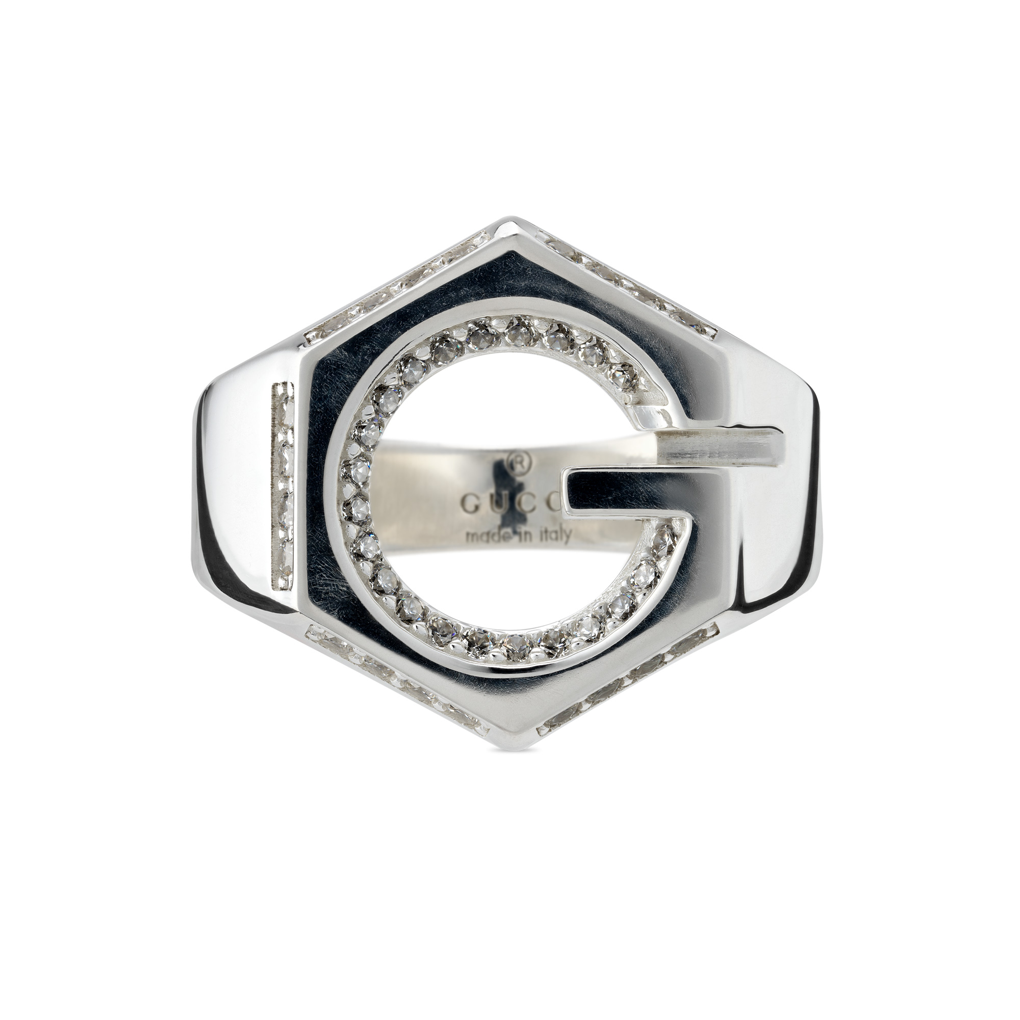 Gucci Womens Geometric G Cubic Zirconia Wide Sterling Silver Ring - Size 725 650$
