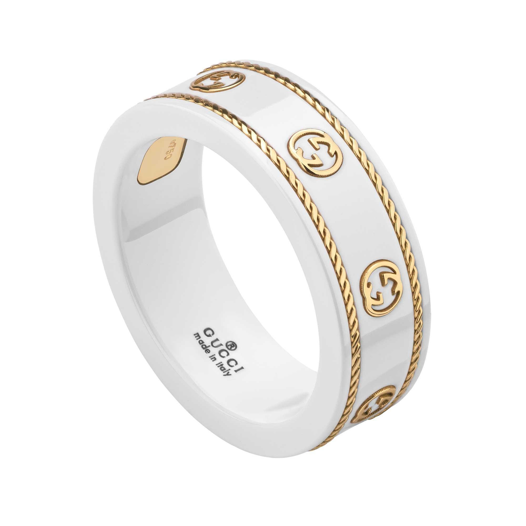 Gucci Icon Interlocking G White Zirconia and Yellow Gold Band - Size 7.25 -  YBC606826002015