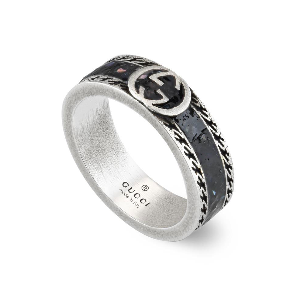 Gucci Interlocking G Black Enamel Sterling Silver Ring | 6mm | Size 11
