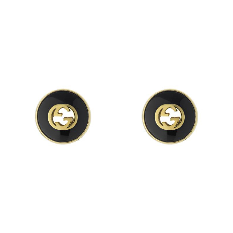 Gucci Interlocking Black Onyx Yellow Gold Stud Earrings 2100$