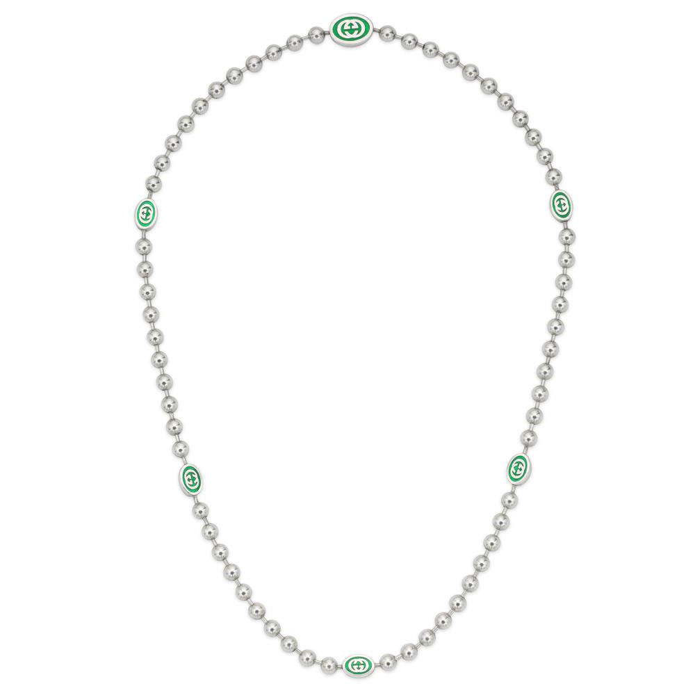 Gucci Interlocking G Green Enamel Sterling Silver Boule Chain Nec