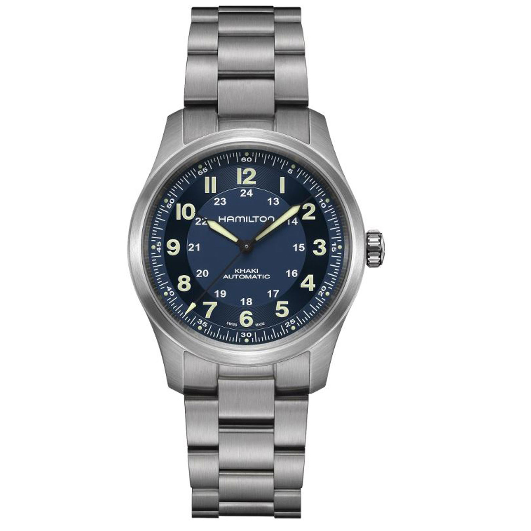 Hamilton Khaki Field Titanium Auto Blue Dial Titanium Bracelet Watch 38mm - H70205140