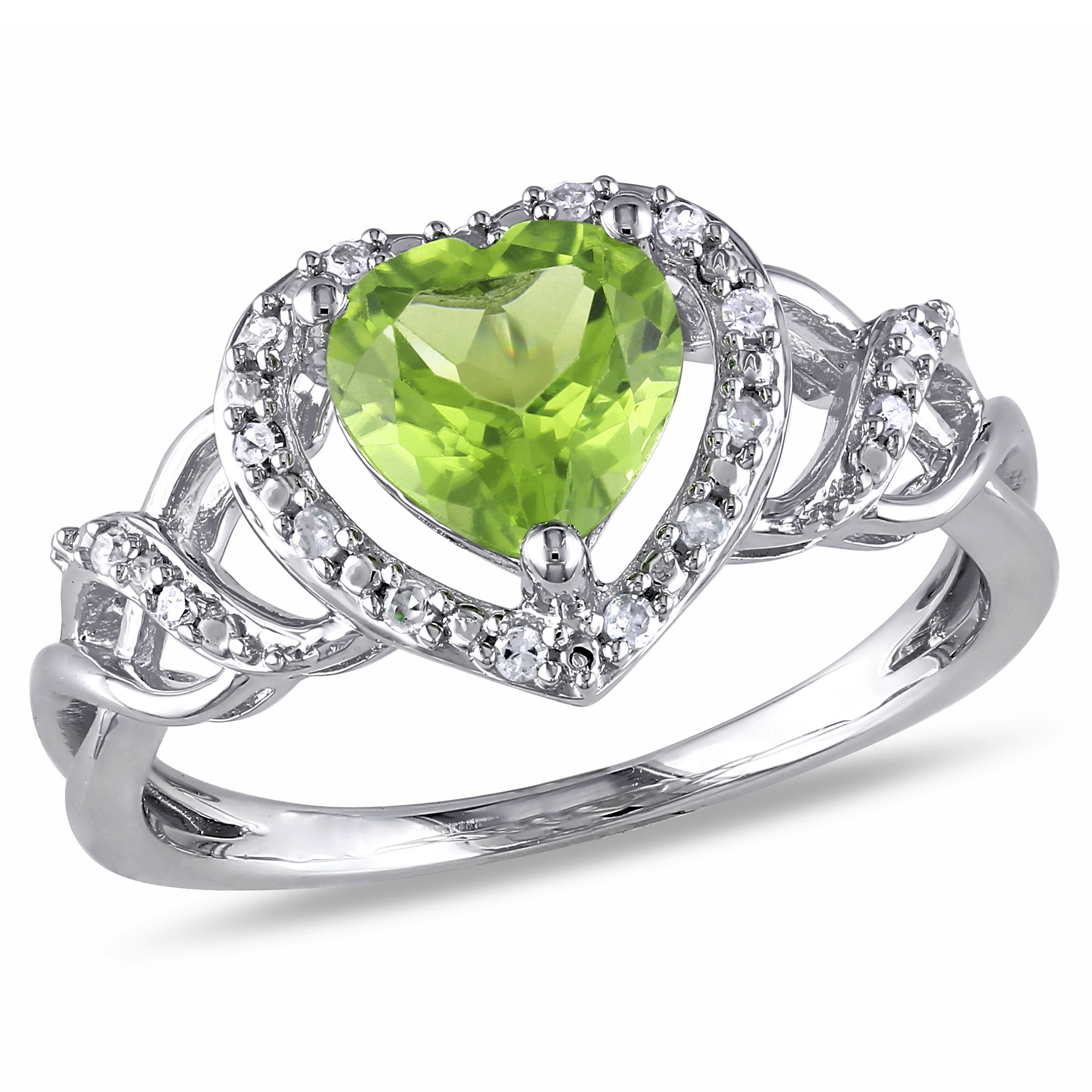 Heart Peridot and 1/10ctw Diamond Halo Sterling Silver Ring - Size 7