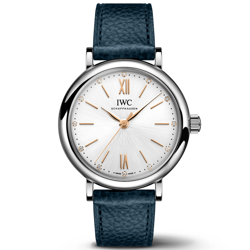 Iwc  Portofino Automatic SilverTone Diamond Dial Blue Leather Strap Watch 34mm  IW357411