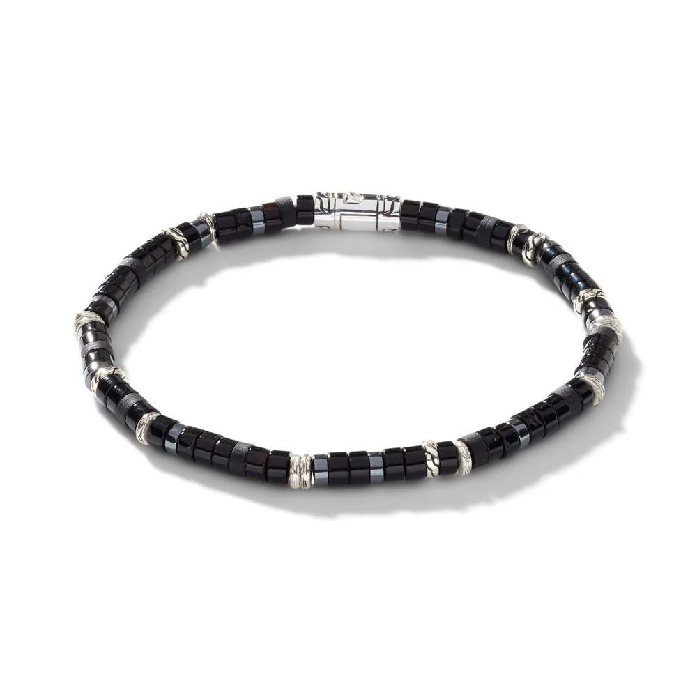 John Hardy  Classic Chain Heishi Beaded Treated Black Onyx and Hematite Sterling Silver Bracelet | 4mm | Medium