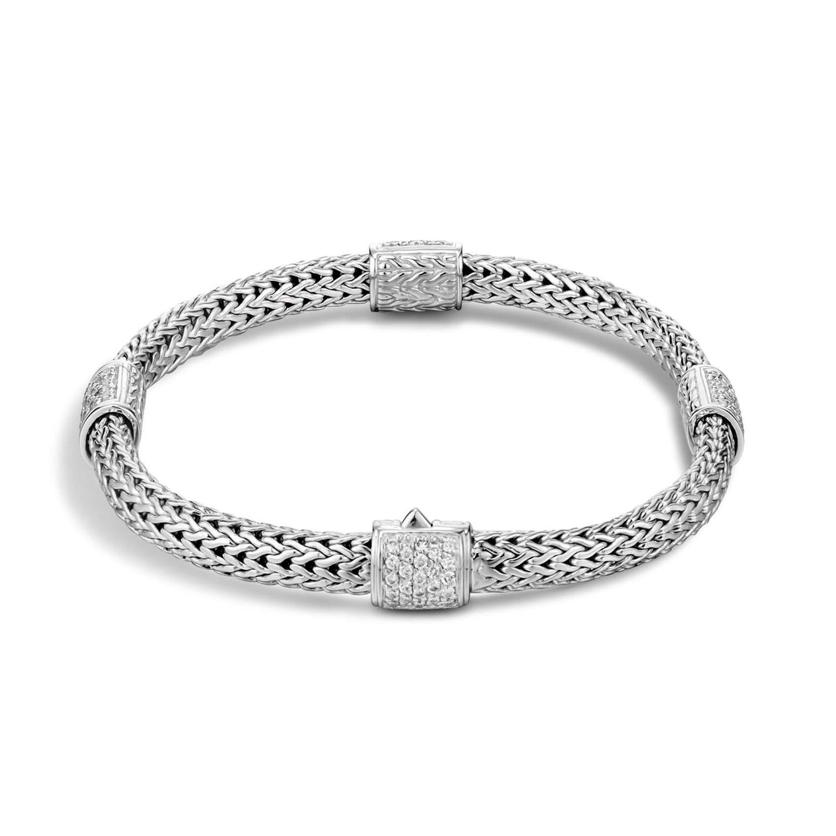 John Hardy Classic Chain 5mm Diamond Station Bracelet 3/4ctw, Med