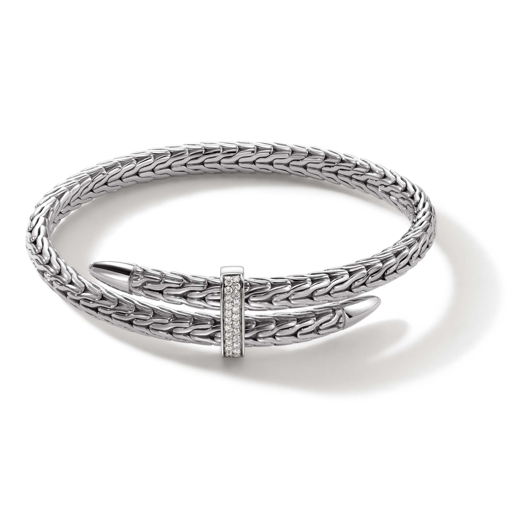 John Hardy  Spear 1/4ctw Pave Diamond Sterling Silver Flex Cuff Bracelet | 5.5mm | Small-Medium