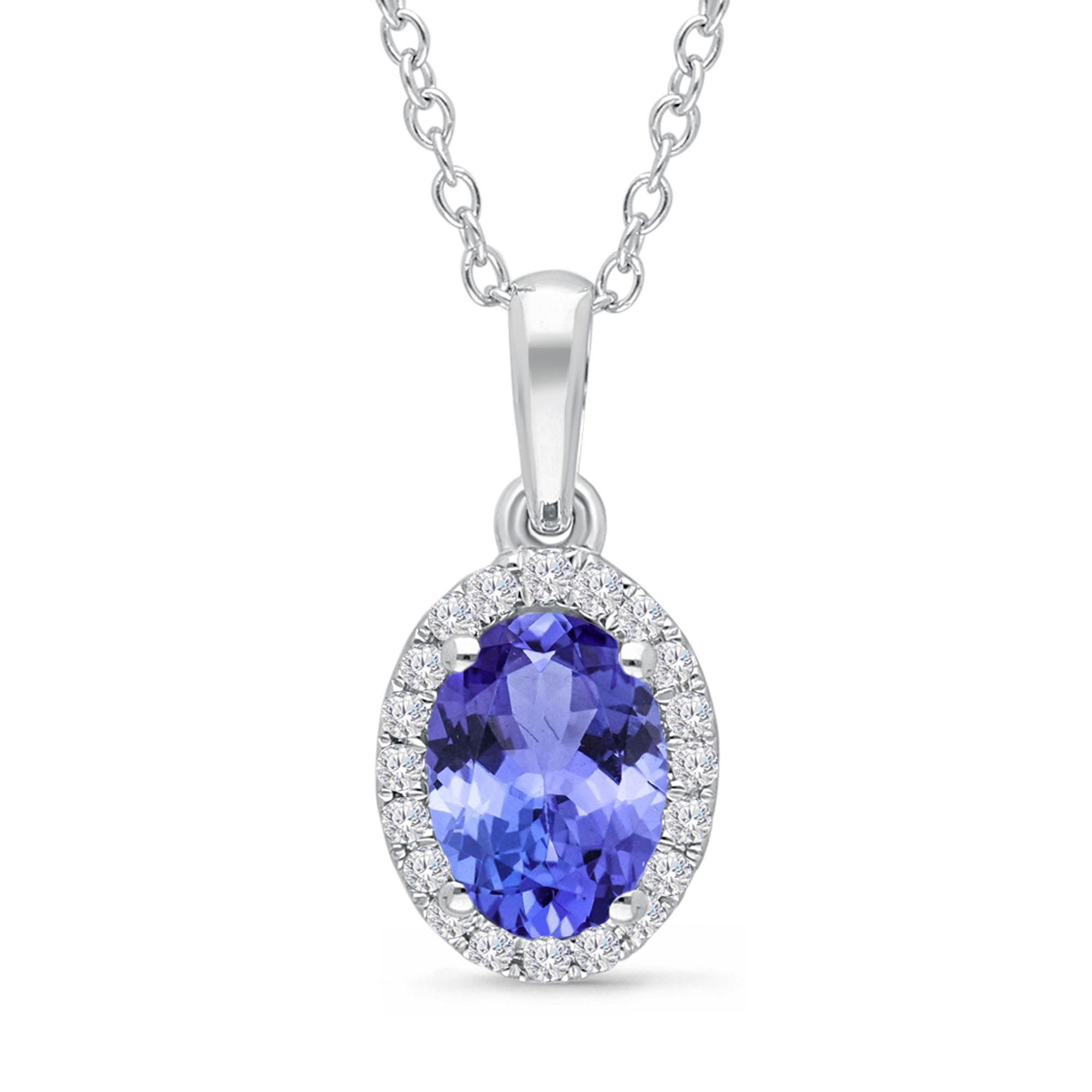 Kallati Oval Tanzanite and Diamond Halo Pendant Necklace 1/15ctw