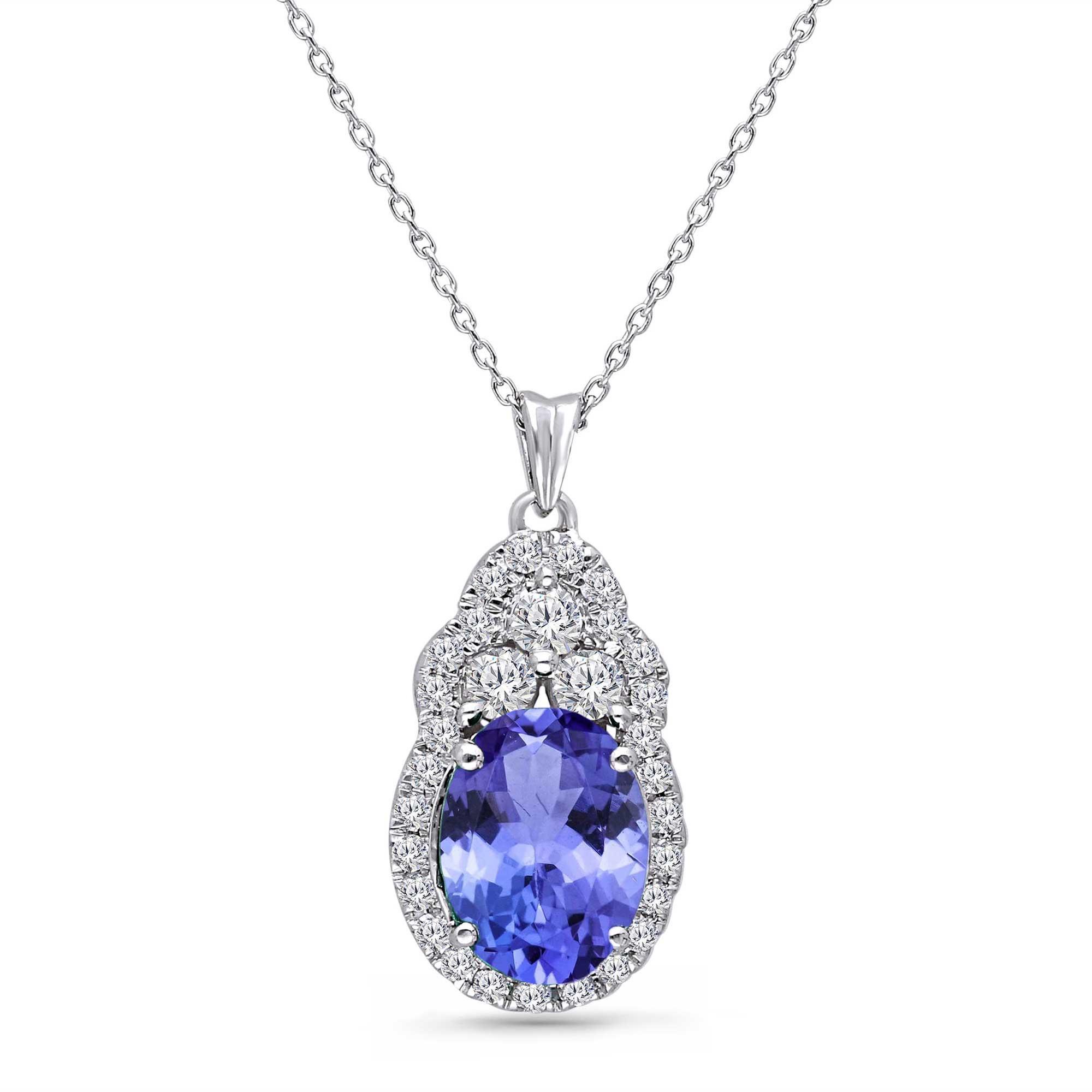 Kallati White Gold Oval Tanzanite and Diamond Halo Pendant 1/2ctw