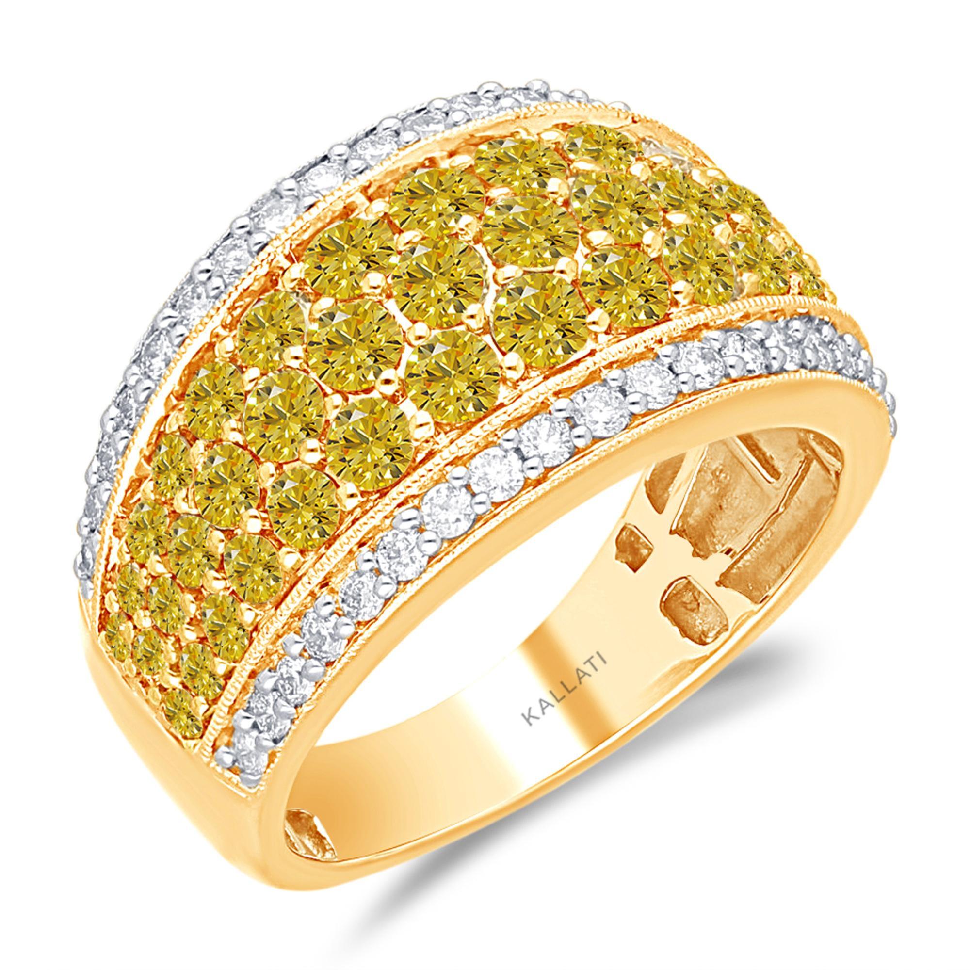 Kallati Yellow Gold Fancy Yellow and White Diamond Ring 1 7/8ctw