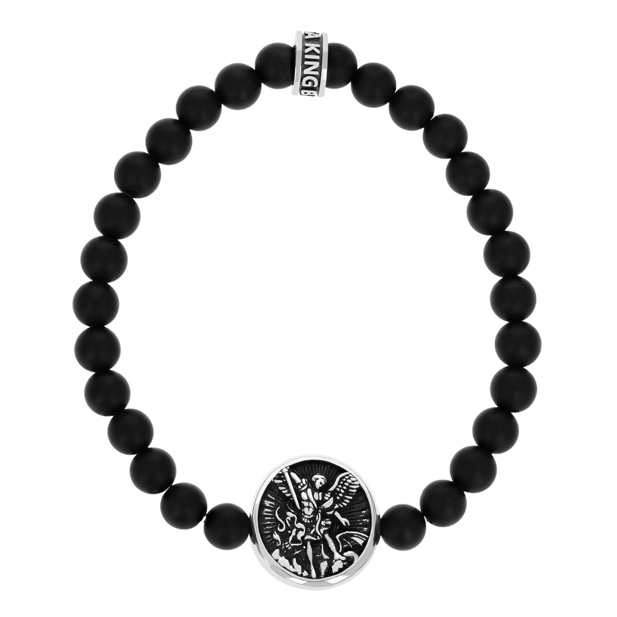 King Baby Black Onyx and Sterling Silver Saint Michael Beaded Bracelet | 8.75 Inches -  K40-7800-8.75