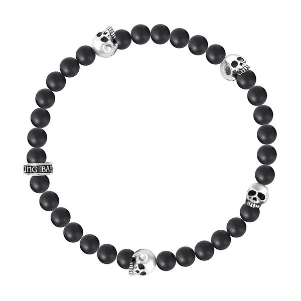 King Baby Black Onyx Beaded Stretch Bracelet with 4 Sterling Silver Skulls | 6mm -  K40-5528-ONY