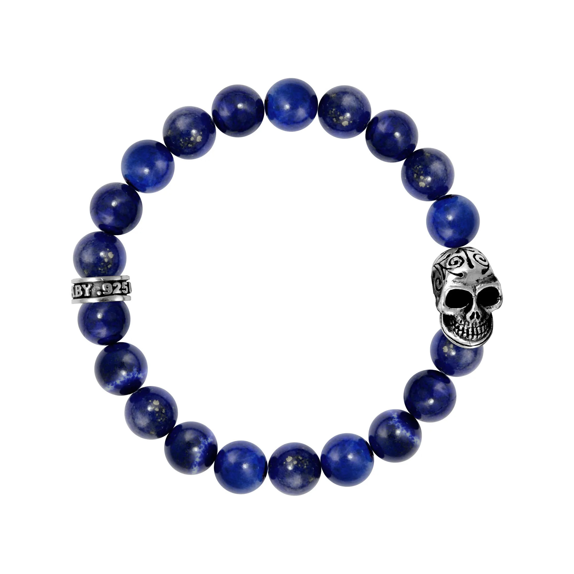 King Baby Lapis and Sterling Silver Day of the Dead Skull Beaded Bracelet | 10mm | 8.75 Inches