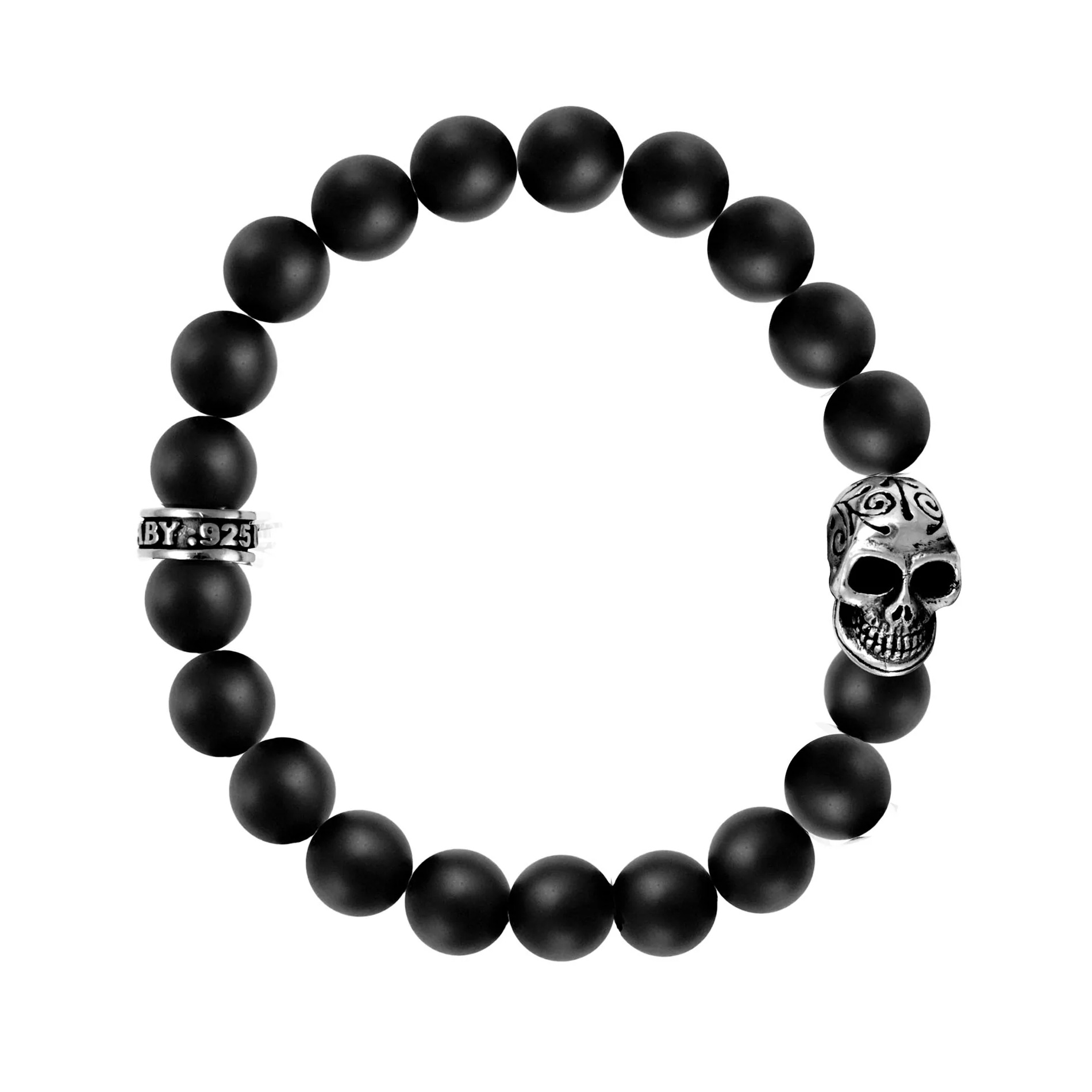 King Baby Onyx and Sterling Silver Day of the Dead Skull Beaded Bracelet | 10mm | 8.75 Inches -  K40-5282