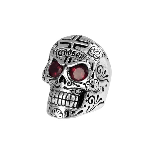 King Baby Skull and Chosen Cross with Garnet Eyes Sterling Silver Ring | Size 12 -  K20-5304