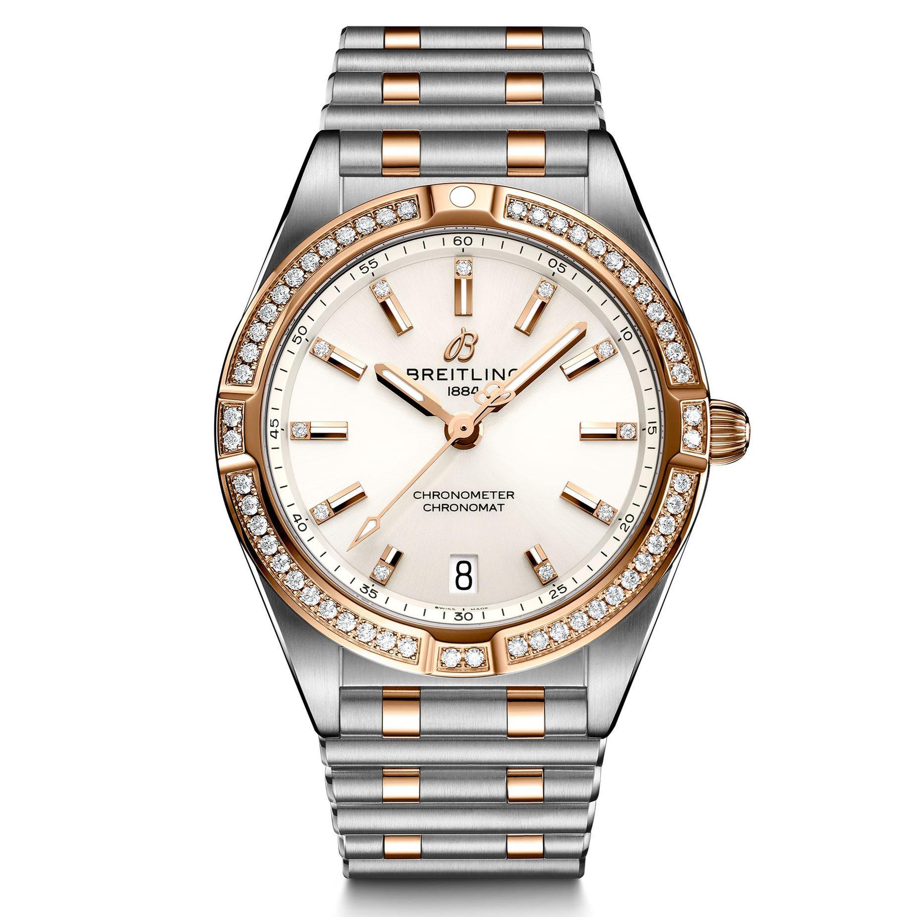 Ladies' Breitling Chronomat 32 Diamond Bezel White and Diamond Dial Steel and Red Gold Watch U77310591A1U1
