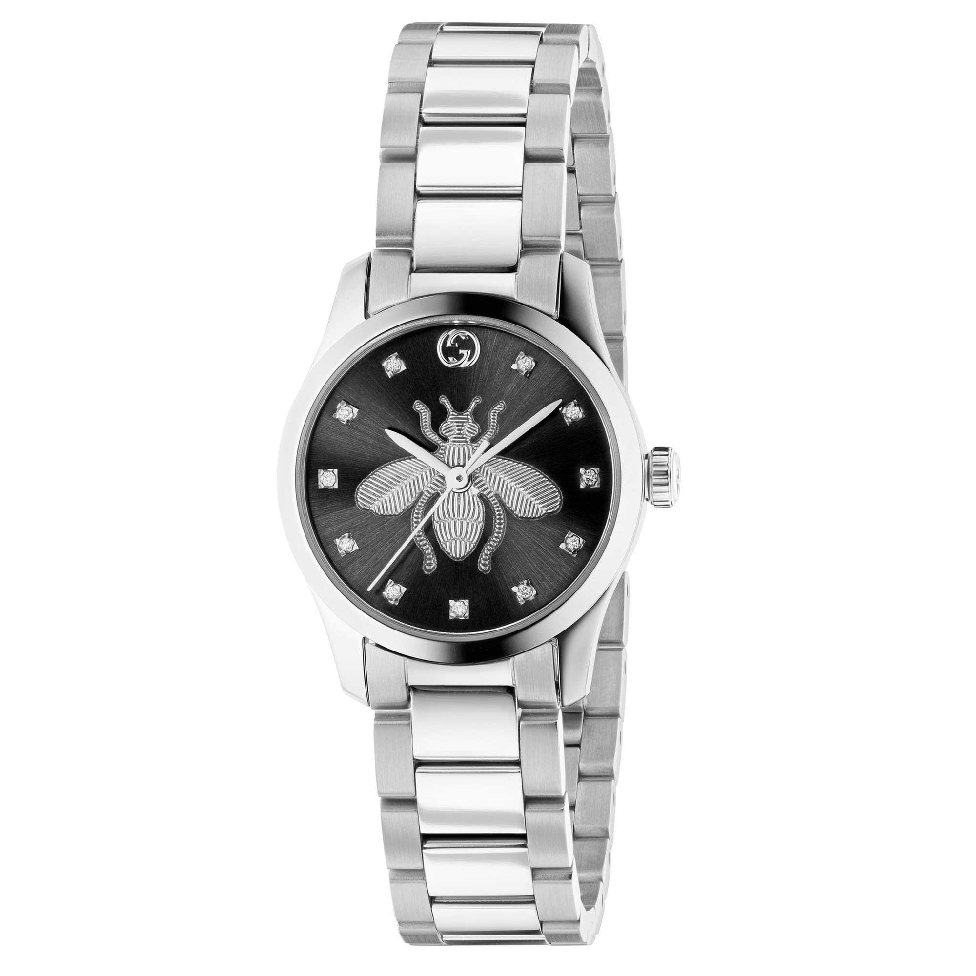 Ladies'  G-Timeless Iconic Black Diamond Dial Stainless Steel Watch, 27mm - Gucci YA1265024