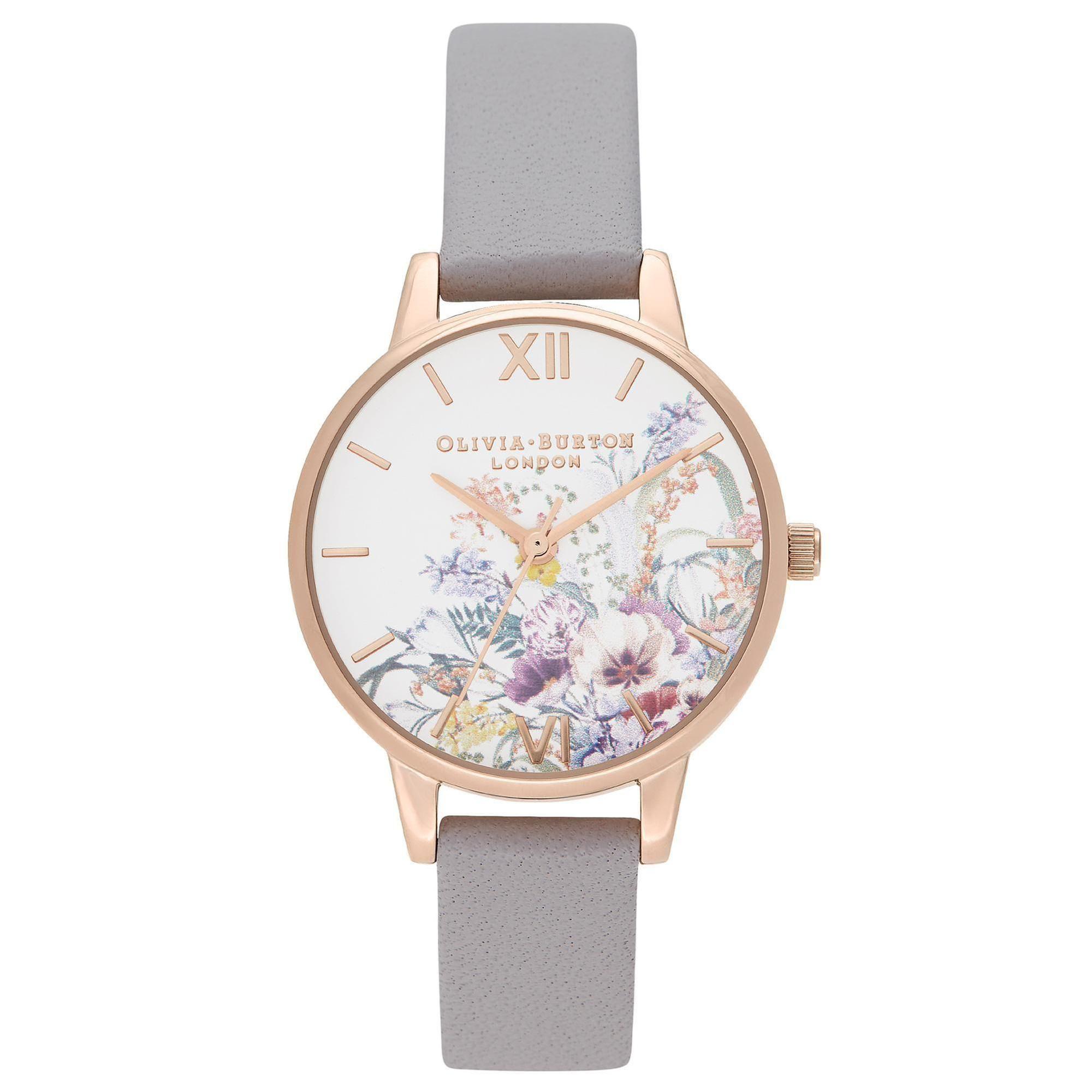 Ladies' Olivia Burton Enchanted Garden Rose Gold Ion-plated Stainless Steel Grey Lilac Leather Watch OB16EG150