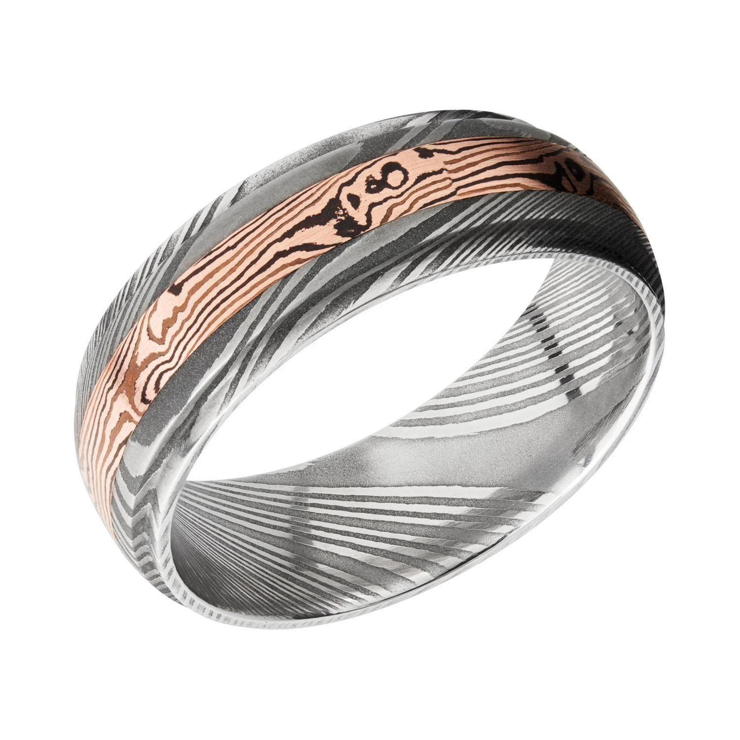 Lashbrook Damascus Steel with Rose Gold and Mokume Inlay Domed Comfort Fit Band, 7mm