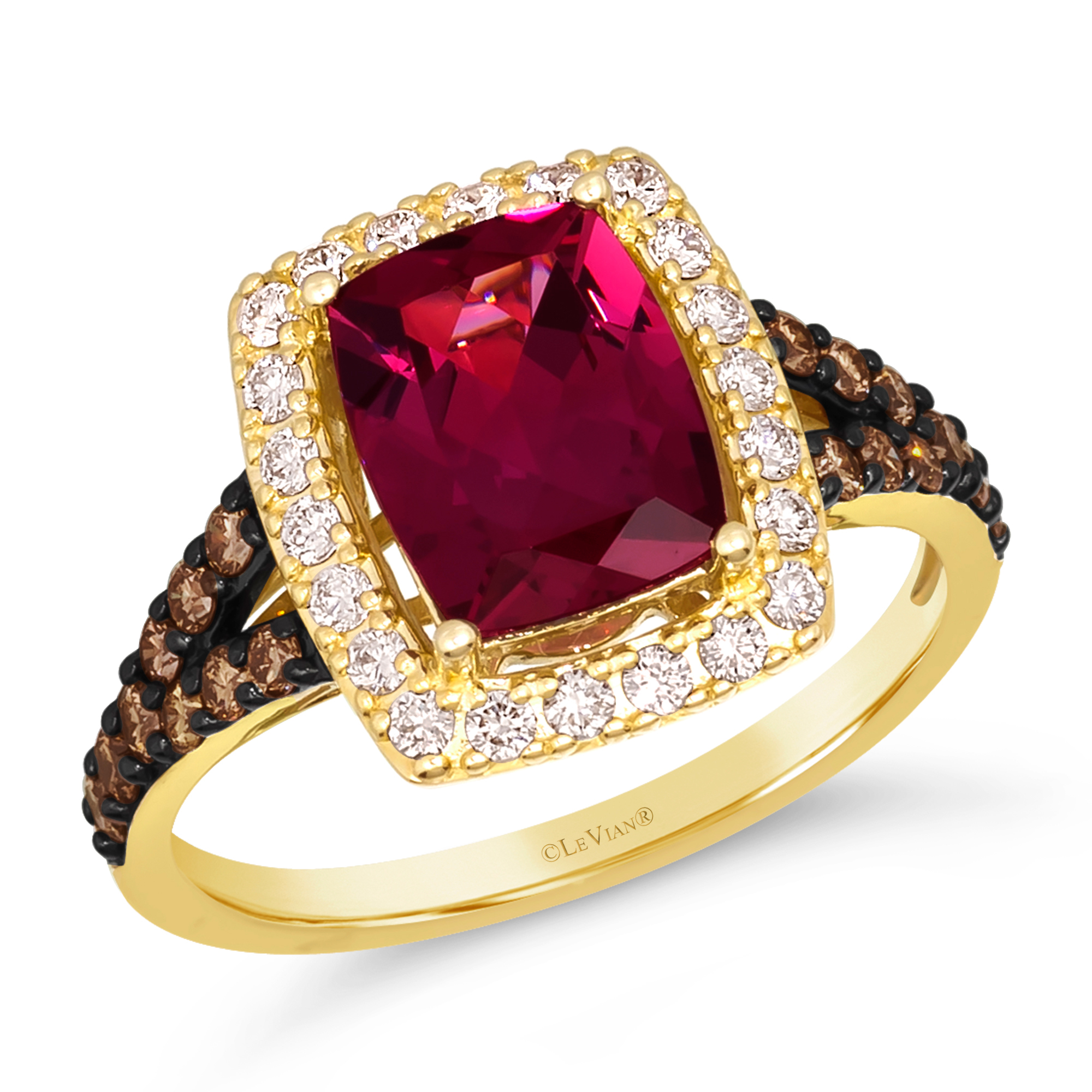 Le Vian(R) Cushion Raspberry Rhodolite(R) 1/2ctw Diamonds and Chocolate Diamonds(R) 14k Honey Gold(tm) Ring -  BVRI 72