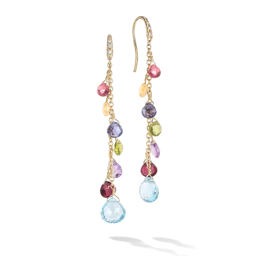 Marco Bicego Yellow Gold 1/20ctw Diamond and Mixed Gemstone Long Drop Earrings | Paradise Collection
