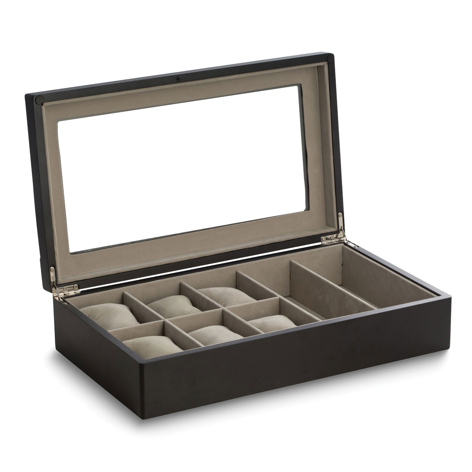 REEDS Matte Black Wood Six Slot Watch And Two Slot Eyeglass Box With Glass Top