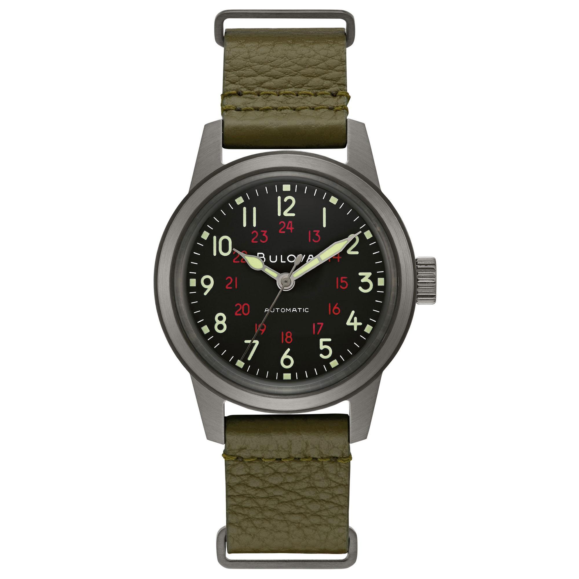 Men's  Military Hack Automatic Green Leather NATO Strap Watch | 38mm | - Bulova 98A255