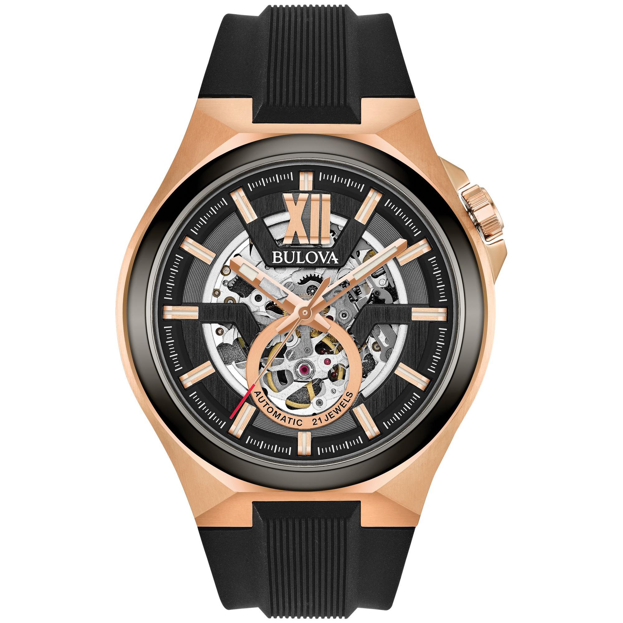 Men's Bulova Maquina Automatic Black Silicone Strap Watch | 46mm | 98A177