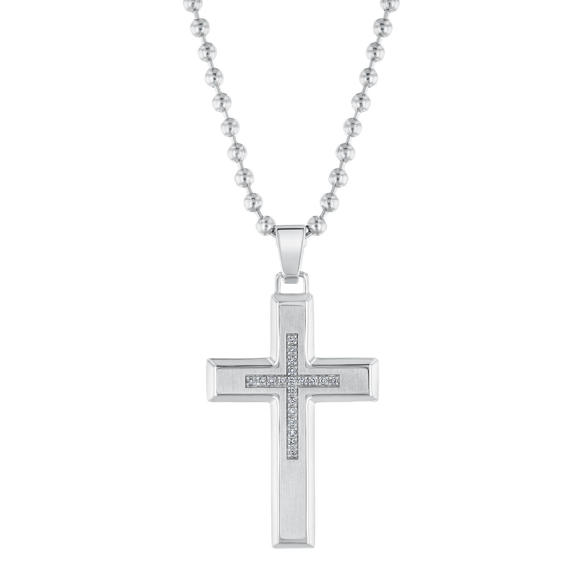 Men's Diamond and Stainless Steel Cross on Ball Chain 1/10ctw