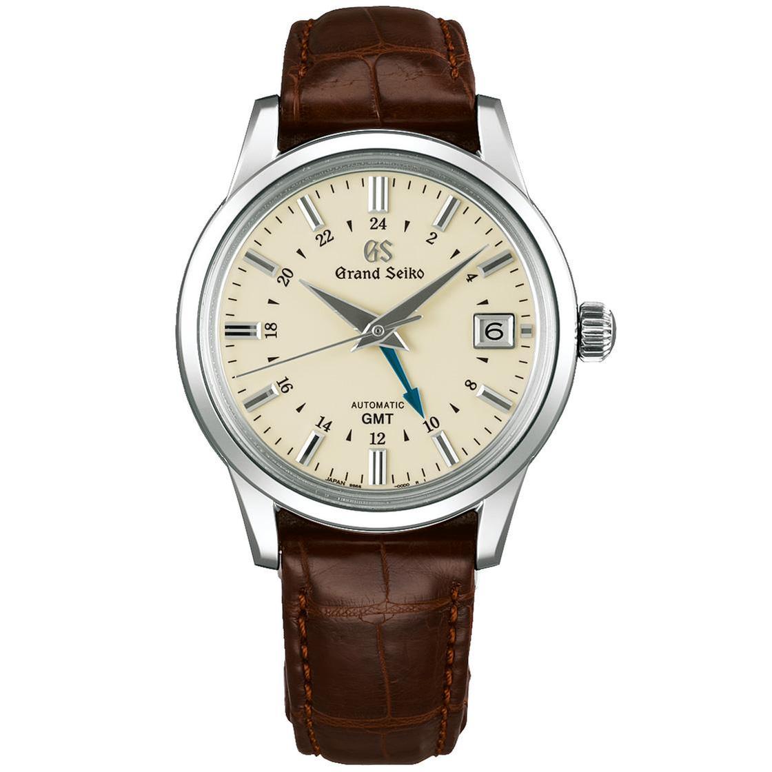 Grand Seiko Elegance Watch GMT Automatic Ivory Dial Brown Leather